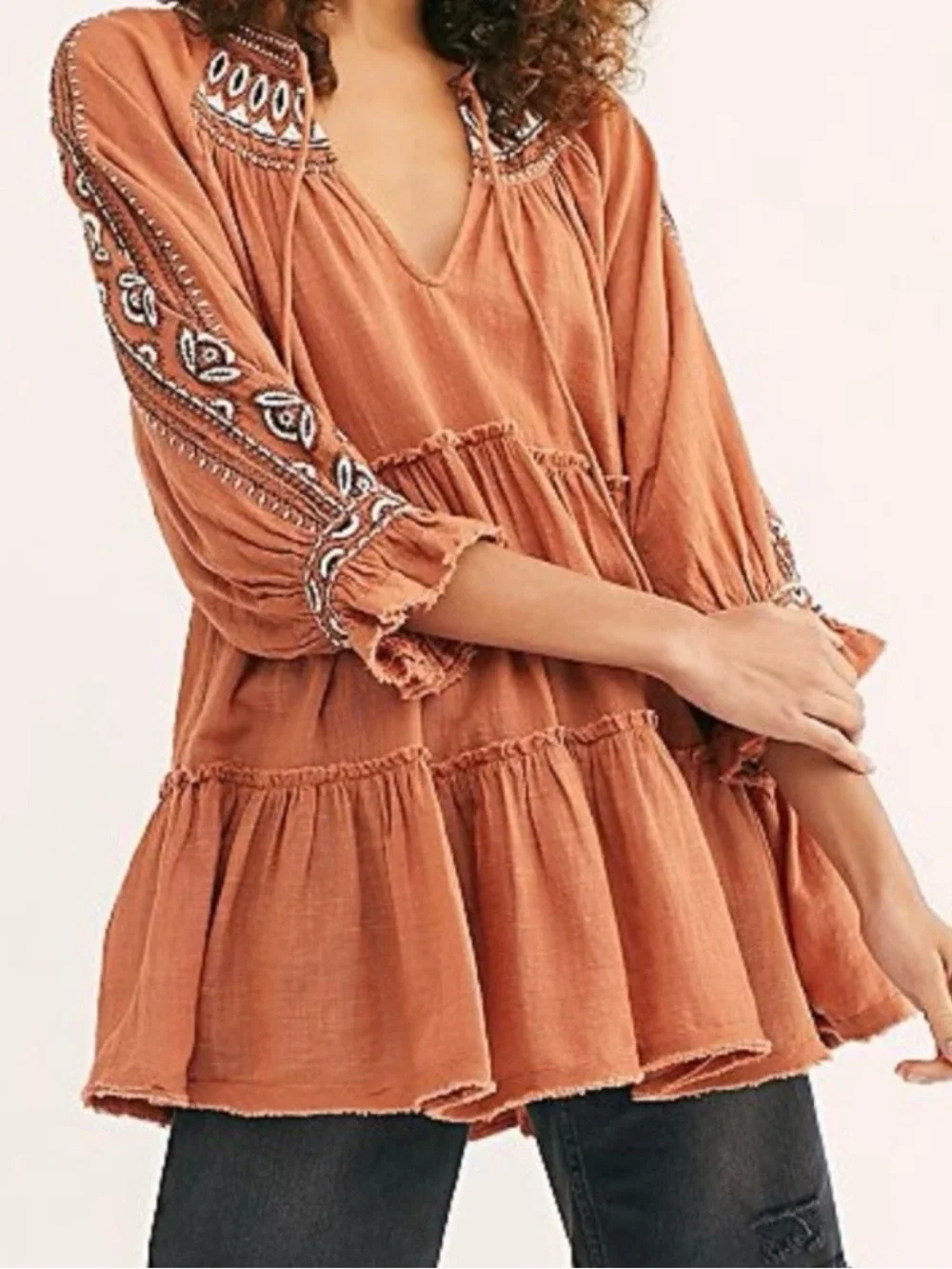 Free People Dreamweaver Embroidered Tunic Cotton Gauze Terracotta Boho Small